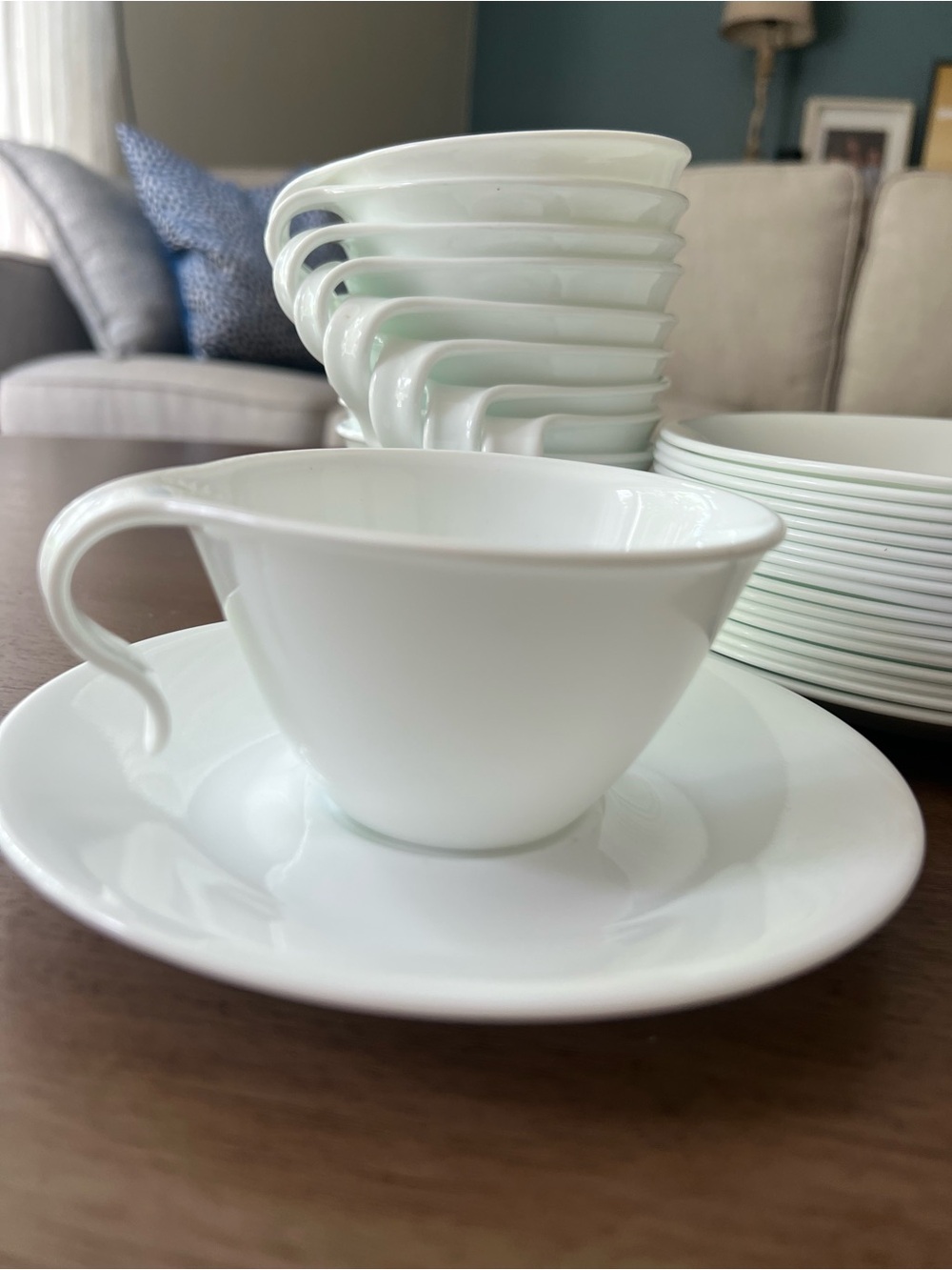 (Set of 10) Corelle /Corning WINTER FROST WHITE Flat Cup - Hook Handle w/saucers